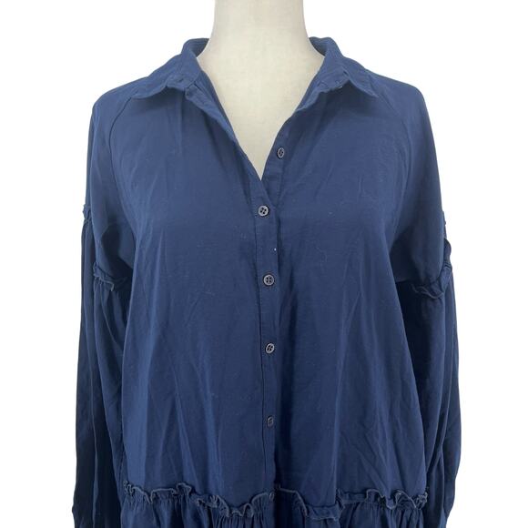 Free People Navy Button Front Drop Waist Long Sleeve Mini Dress M Viscose blend - Picture 2 of 8